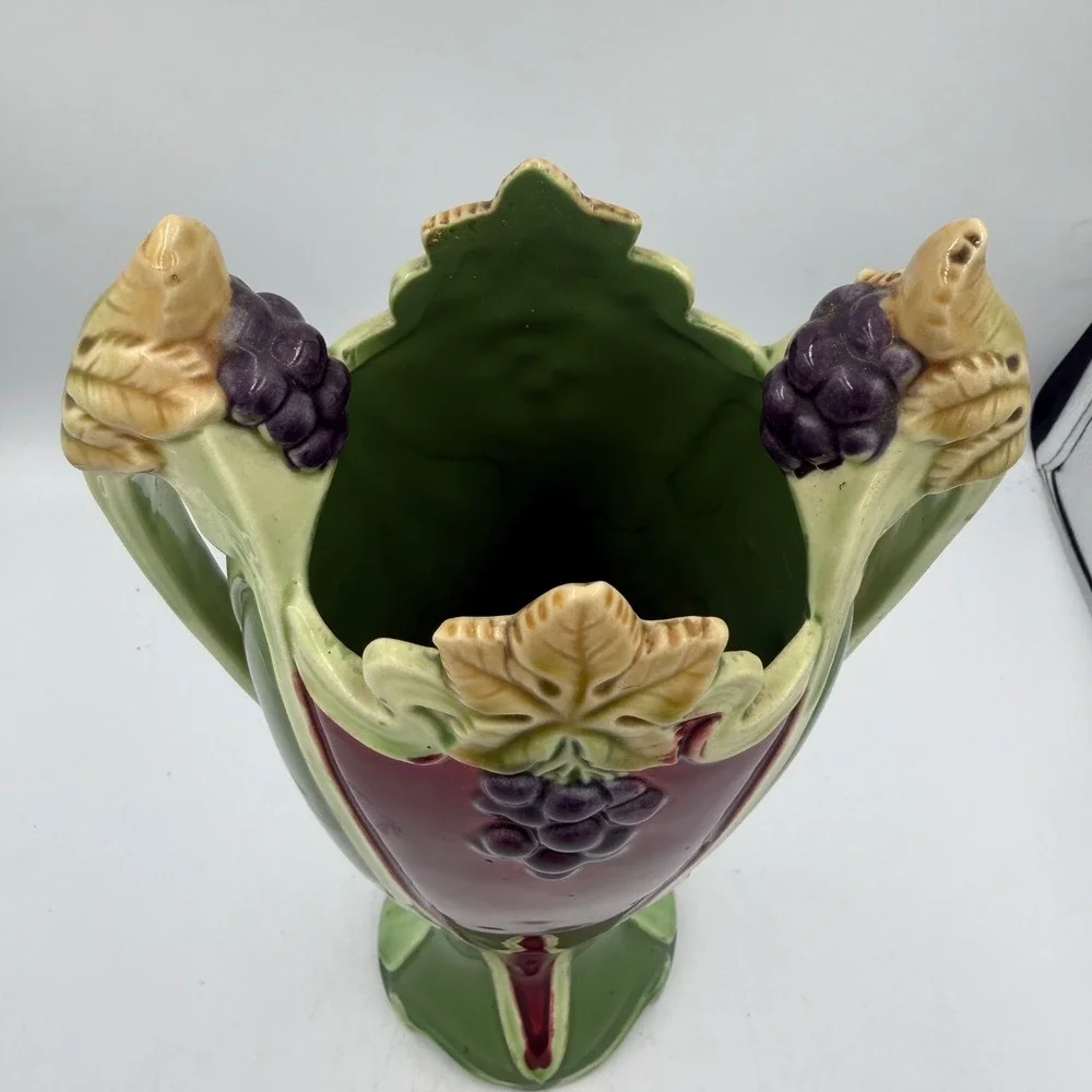 Antique Eichwald Bohemian Majolica Vase Art Nouveau Grape Leaf Twin Handle